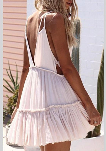 Casual White Spaghetti Strap Cut Out Backless Deep V-neck Mini Dress