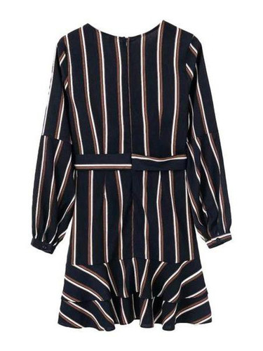 Casual Lantern Sleeve Striped V-Neck Ruffle Mini Party Dress