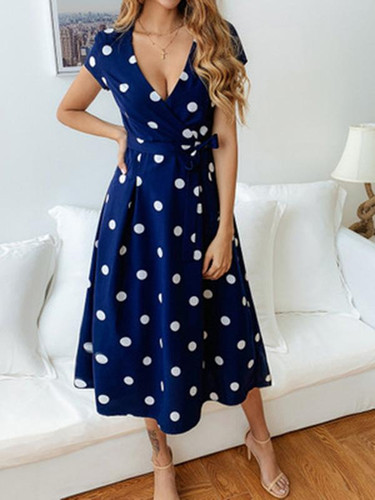Simple Polka-dot V-neck Midi Dress