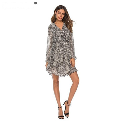 Snake Skin Print A-line Ruffle  V Neck Mini Dress
