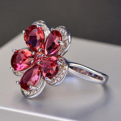 Elegant Flower Ruby Birthstone Wedding Engagement Silver Ring