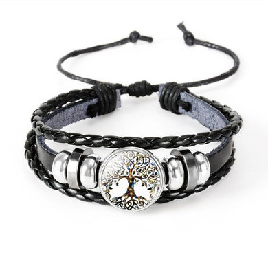 Tree of Life Under Glass Thick n Braided Leather Band Bracelet: Hutzell