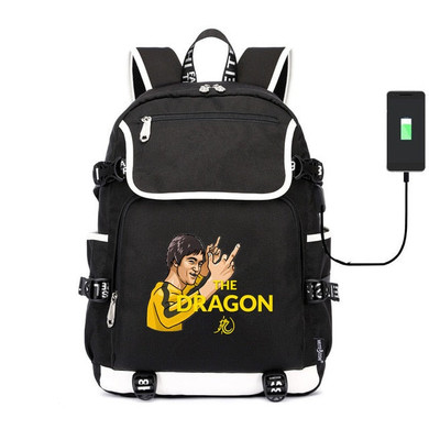 Bruce Lee canvas School Bag printing Kung-fu USB charging Backpack