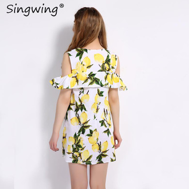 Singwing Fashion Women Off shoulder Lemon Print Dress Above Knee Mini O-neck Dress Summer Women's Dresses