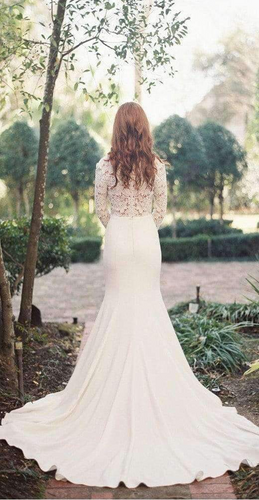 Sexy Deep V-Neck Long Sleeve Lace Top Mermaid Wedding Party Dresses, WD0038