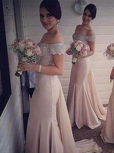 Pink 2019 Cheap Bridesmaid Dresses  Mermaid Off The Shoulder Chiffon Beaded Long Wedding Party Dresses For Women