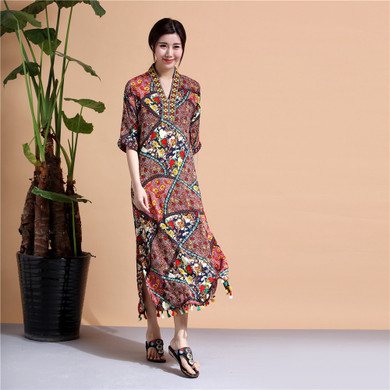Summer Thailand style dress national style printing long Robe