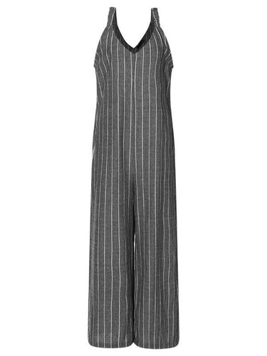 Spring and autumn striped stitching wide leg sleeveless jumpsuit