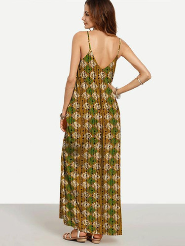 Special Plaid Bohemia Spaghetti Straps V Neck Maxi Dress