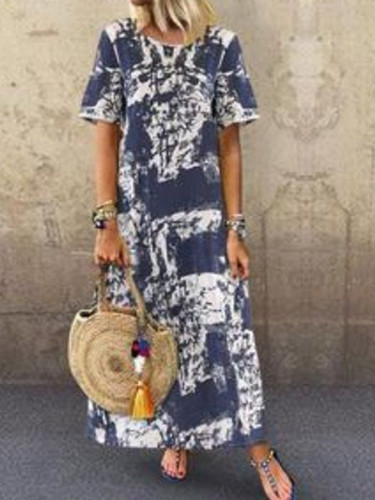 Printed Round-necked Short-sleeved Long Dress for Women