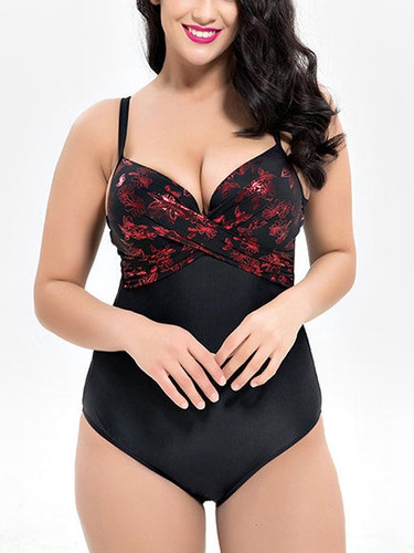 Siamese Women Triangle Cross Print Large Size Swimsuit