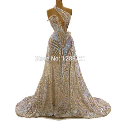 Vintage Sequins One Shoulder Formal Evening Dress