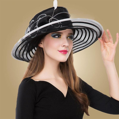 Vintage Organza Church Elegant Kentucky Derby Wide Brim Hats Big Flowers Feather