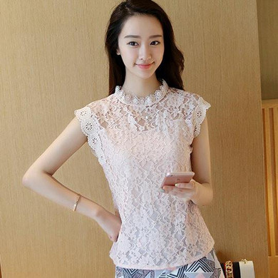 Lace Blouse Shirt Women Summer Style Blouses  New Korean Sleeveless Solid Hollow Out Pink Blue White Black Lace Top Female