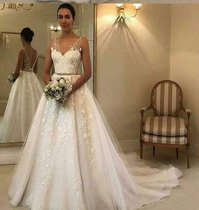 Simple Sweethert Tulle Sleeveless With Lace Appliques Wedding Dresses W344