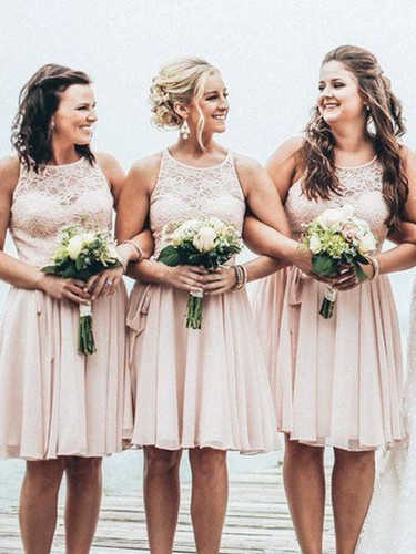 Simple Light Pink Sleeveless Scoop Neck Chiffon Bridesmaid Dress Cheap Prom Dresses With Lace Simple Light Pink Sleeveless Scoop Neck Chiffon Bridesmaid Dress Cheap Prom Dresses With Lace
