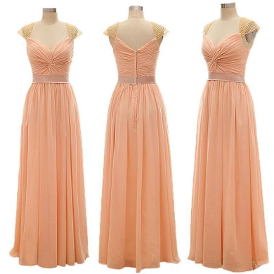 Sweetheart Cap Sleeves Chiffon Prom Dresses Cheap Bridesmaid Dresses With Beaded