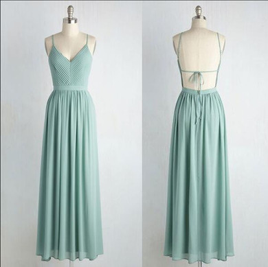 V Neck Sleeveless Backless Long Bridesmaid Dresses Chiffon Prom Dresses With Ruffles