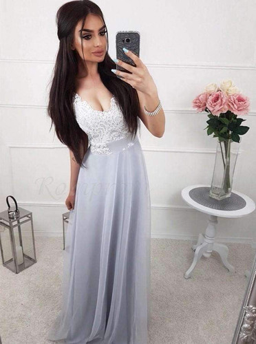 Chic A Line Chiffon Lace V Neck Prom Dresses Formal Party Dress P953