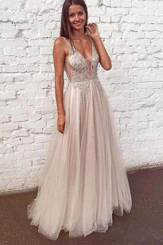 Elegant V Neck Sleeveless Floor Length Tulle Party Dresses Prom Dress with Appliques P929