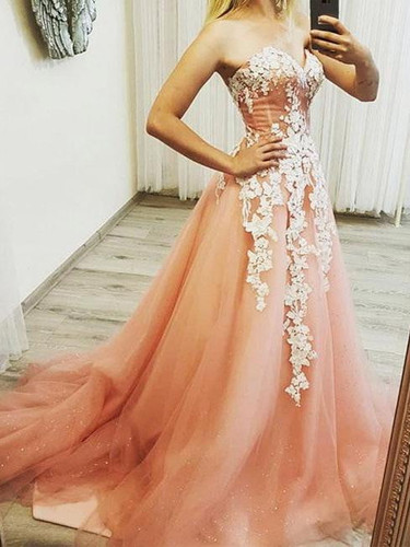 Sweetheart Strapless Open Back Tulle Prom Dress with Appliques P904