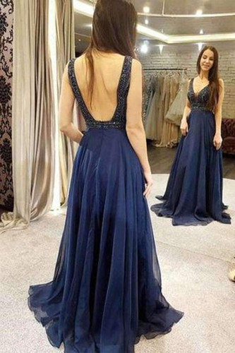 Chic Deep V Neck Open Back A Line With Beading Prom Dress P675