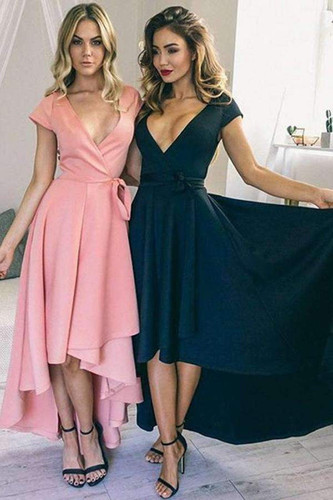 Pink A Line Asymmetrical Deep V Neck Capped Sleeve Prom Dress,Formal Dress P110