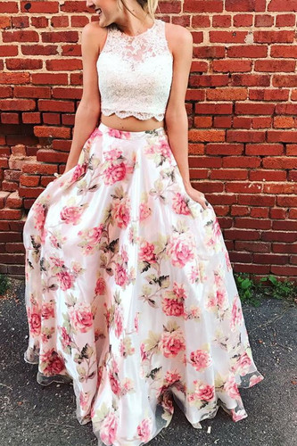 Two Piece A Line Floor Length Strapless Sleeveless Lace Prom Dress,Party Dress P425