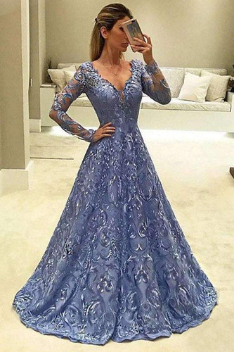 A Line Brush Train Deep V Neck Long Sleeve Appliques Prom Dress,Party Dress P426