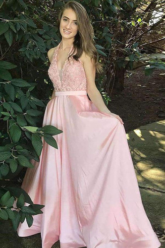 Pink A Line Brush Train Halter Deep V Neck Sleeveless Appliques Prom Dress,Party Dress P521