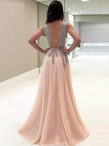 Stunning Sleeveless V Neck Open Back With Beading Prom Dress P668
