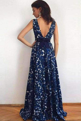 Blue A Line Brush Train Sleeveless Deep V Neck Prom Dress,Party Dress P448