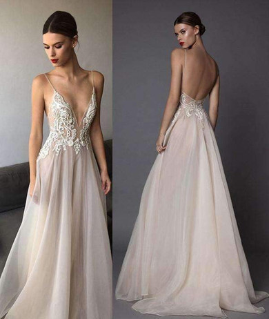 Illusion Deep V Neck Prom Dress,Layers Tulle Low Back Appiquins Floral Evening Dress OMP15