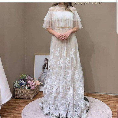 Chic High Neck Tulle A Line Appliques Lace Wedding Dresses W534