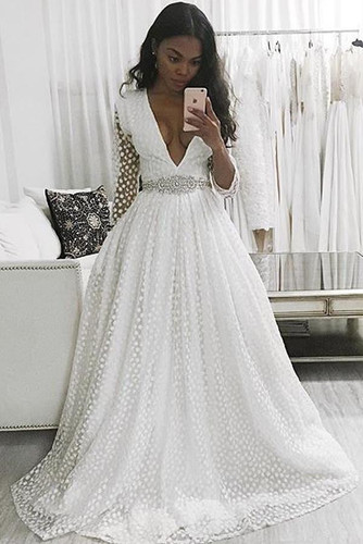 White A Line Sweep Train Deep V Neck Long Sleeve Beading Belt Prom Dress,Wedding Dress P349