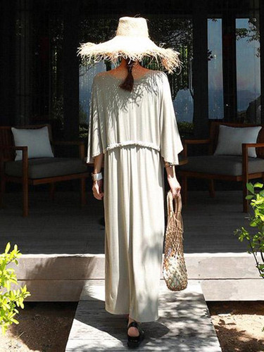 Loose Gray V-neck Elastic Waist Long Dress