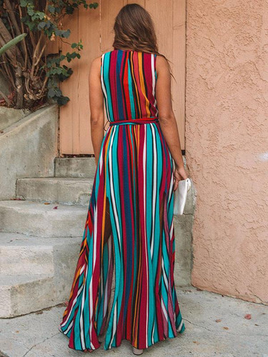 Colorful Striped Sleeveless Split-side Maxi Dress