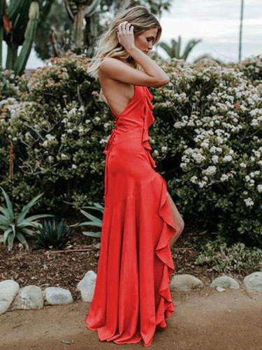 Sexy Spaghetti-neck Backless Solid Colors Maxi Dress