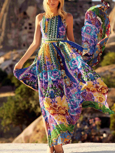 Printed Sleeves Backless Big Hemline Bohemia Maxi Dress