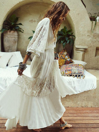 Spring And Summer Bohemian V-Neck High Waist Lace Stitching Big Swing Dress
