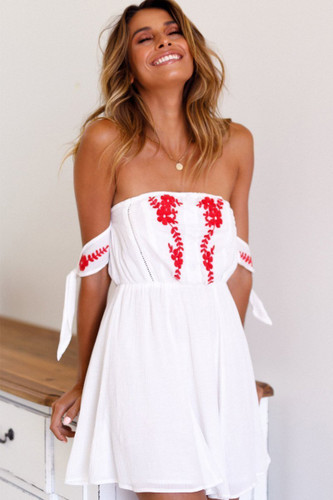 Summer Off Shoulder Embroidered Beach Mini Dress