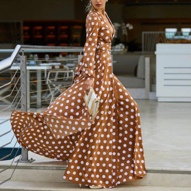 V-Neck Bohemia Vacation Long Sleeve Polka Dress