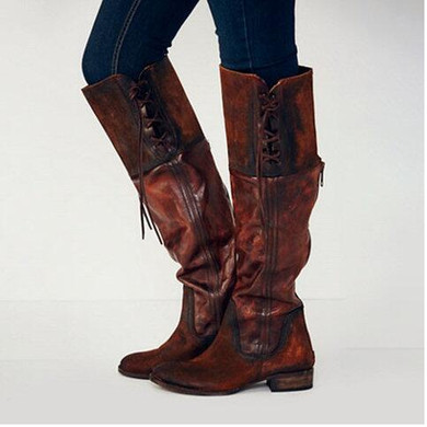 Vintage Chunky Heels Luce-up Knee High Boots