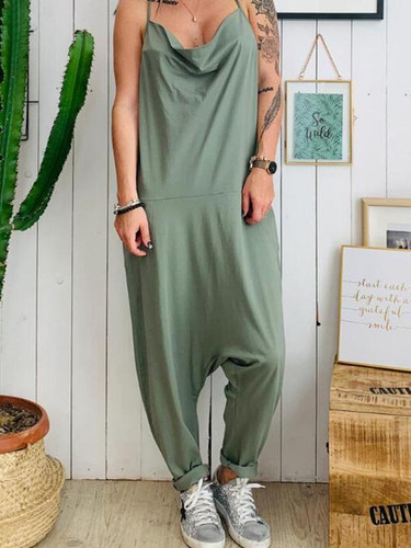 Casual Plus Size Pocket Spaghetti-neck Jumpsuits Bottoms
