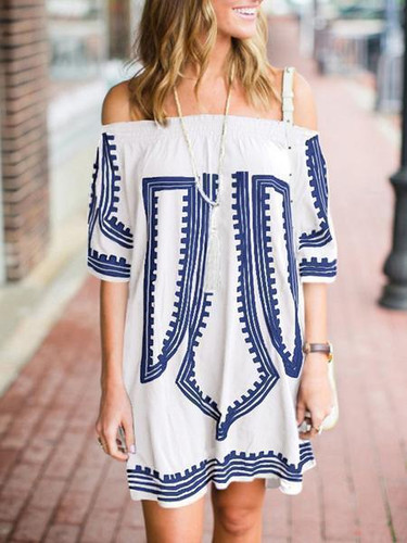 Off the Shoulder Blue Pattern Mini Bohemia Beach Dress