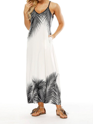 Spaghetti Strap Print Pocket Beach Maxi Long Dress