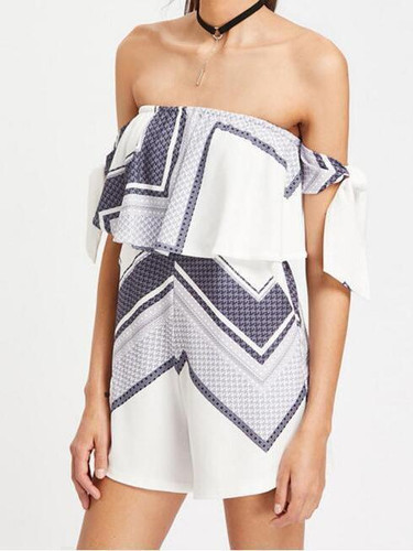 Print Off Shoulder High Waist Short Jumpsuit Romper