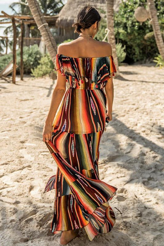 Off Shoulder Stripe Ruffled Print Long Dress