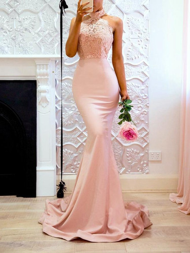 Pink Halter Backless Mermaid Bodycon Evening Maxi Dress