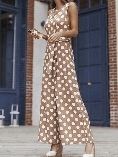 Polka Dot Sleeveless Belted Wide Leg Pants Jumpsuit Romper Polka Dot Sleeveless Belted Wide Leg Pants Jumpsuit Romper